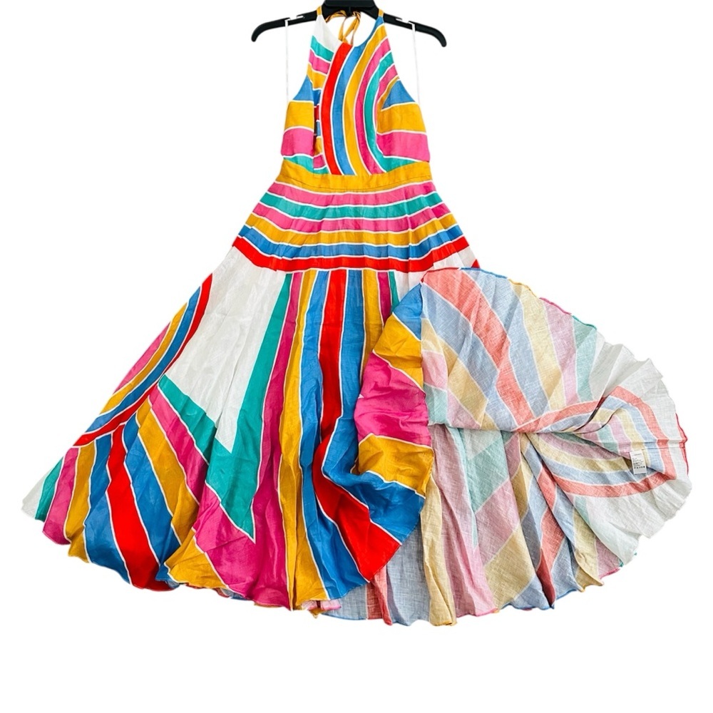 Zimmermann Fiesta Rainbow Striped Linen Halter Neck Midi Dress size 2 | US 10 - Picture 9 of 16